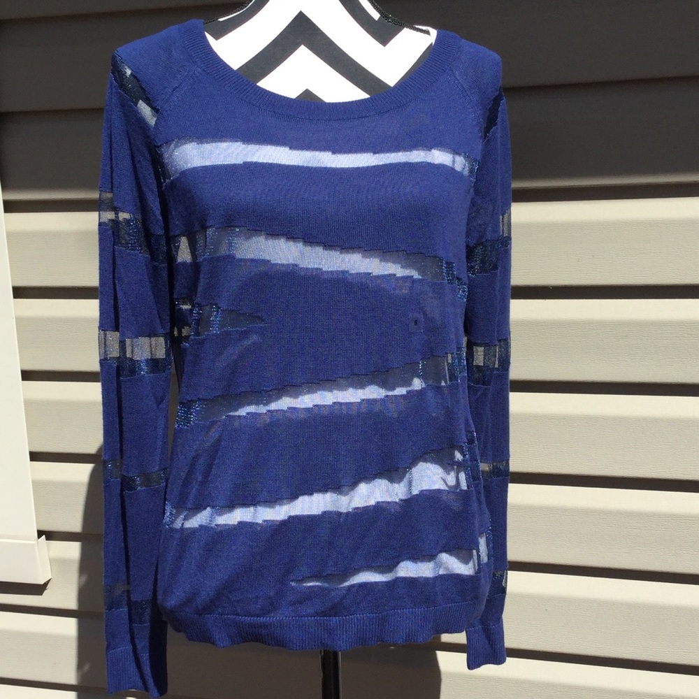 New Express Blue Sheer Jagged Stripe Sweater